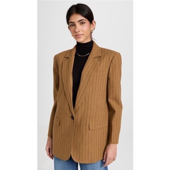 NWT Madewell Womens Oversized Blazer Brown Stripe 6 Wool Blend Single Breasted - Picture 2 of 13